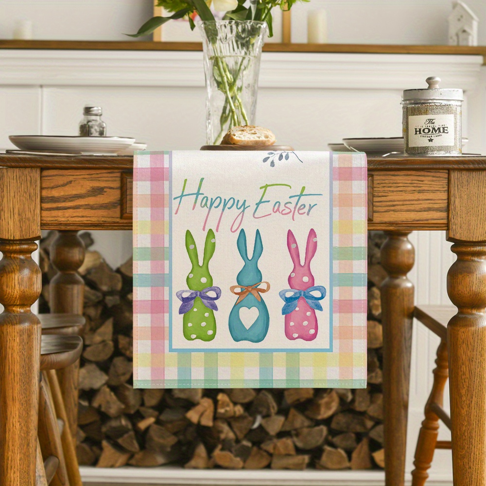 

Easter Bunny Table Runner, 13x72 Inch, Polyester Woven, Green Design, Dining Decor For Home Party, Bunny Accessories