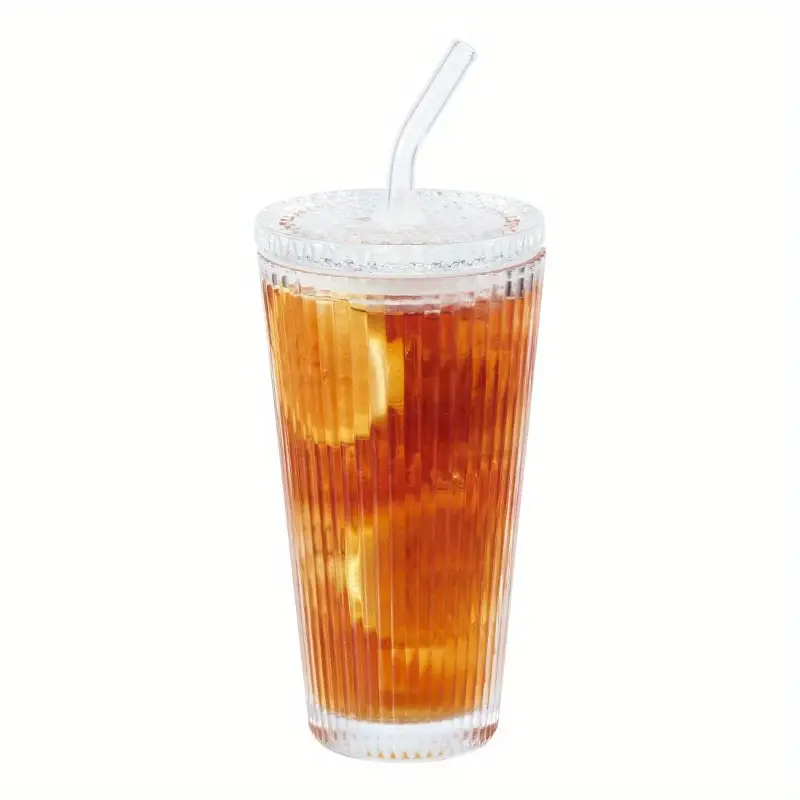 2pcs ribbed 21oz glass tumblers with lids straws clear reusable hand wash only iced beverages beverage serving ribbed glassware durable glass Product details 5