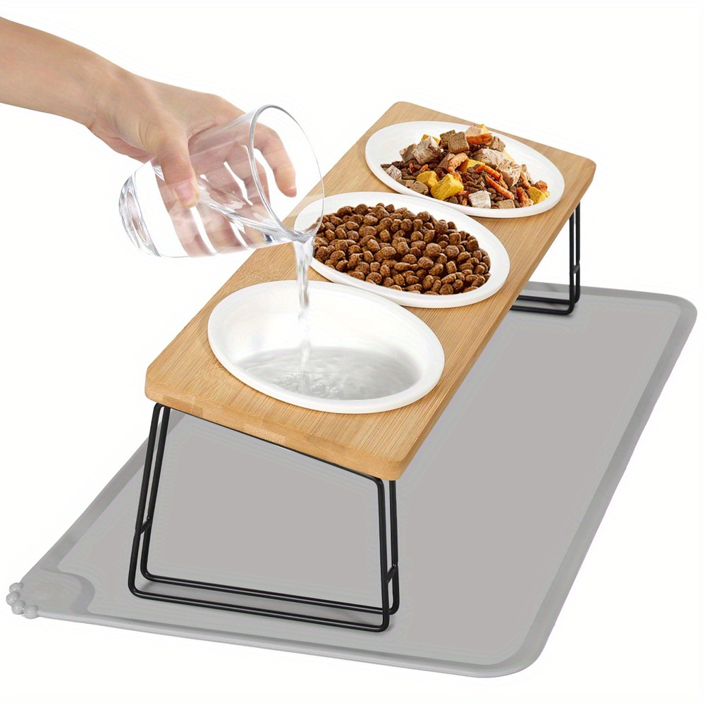 1pc Feeding Table With 3 Ceramic Bowls, Mat With 15° , , Suitable For , Small Dogs, Etc.