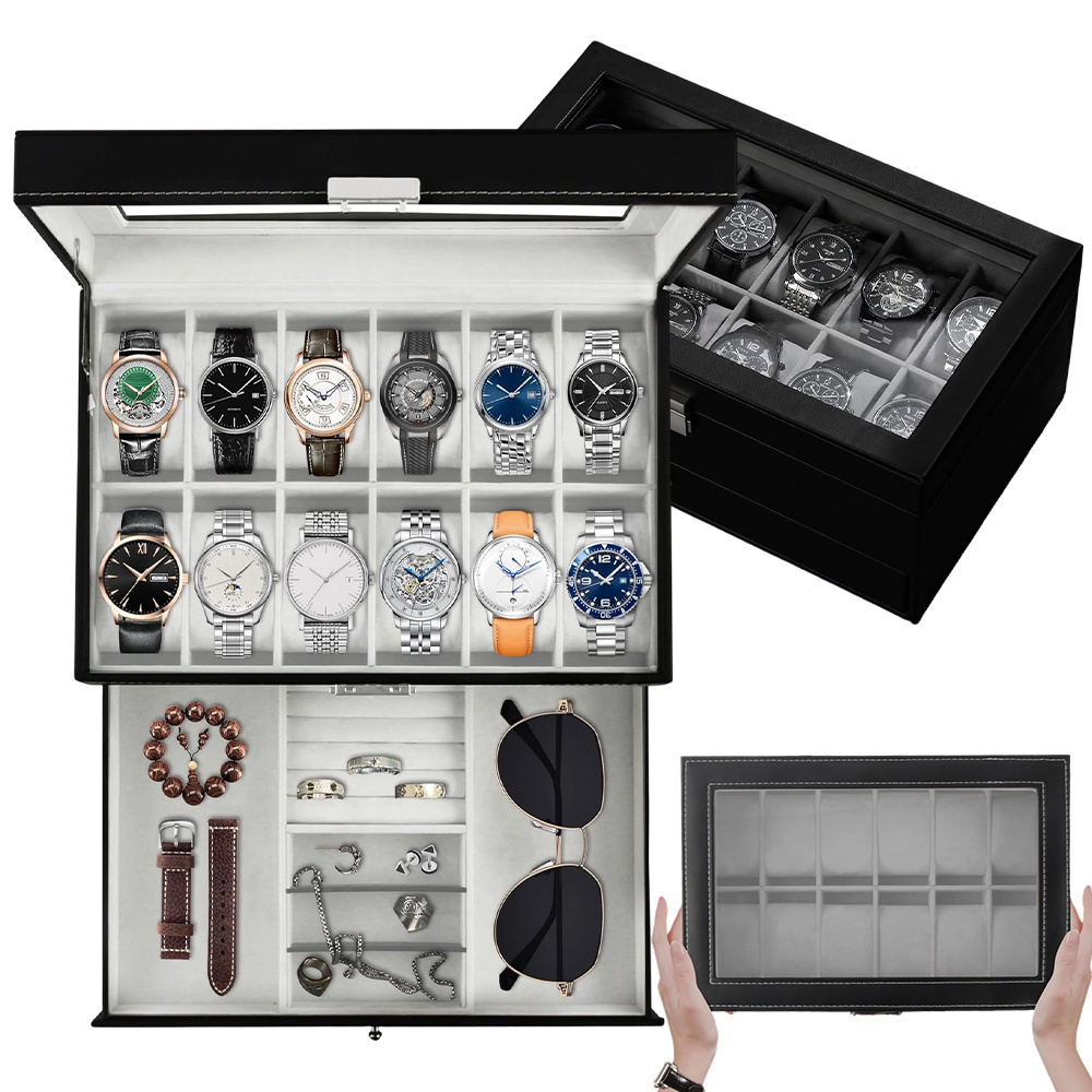 2-layer Visual Cover Faux Leather Watch Storage Box For Home Shop , Suitable For Storage And Store Display
