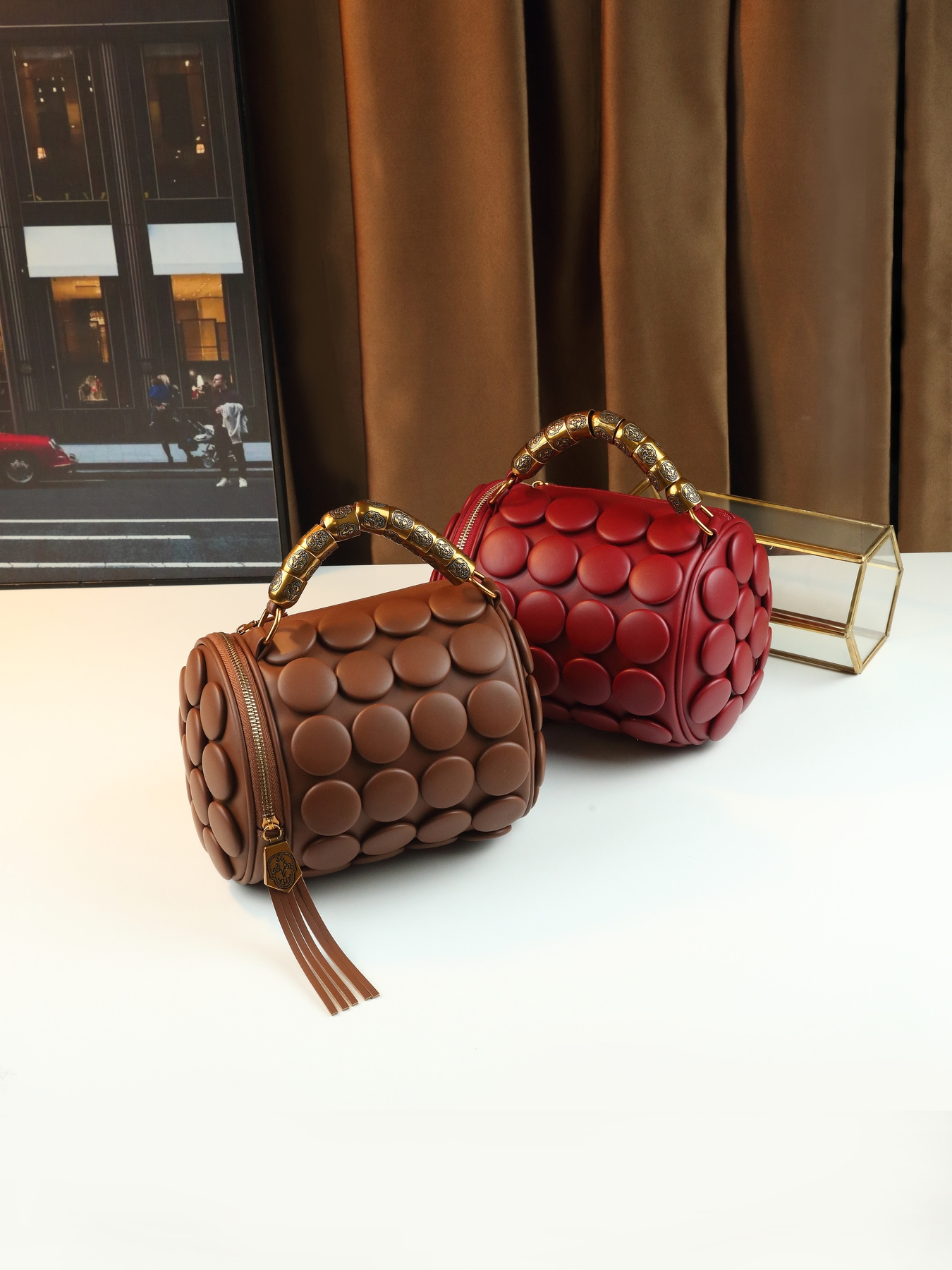 Red Vintage Boston Pillow Bag on shoulder