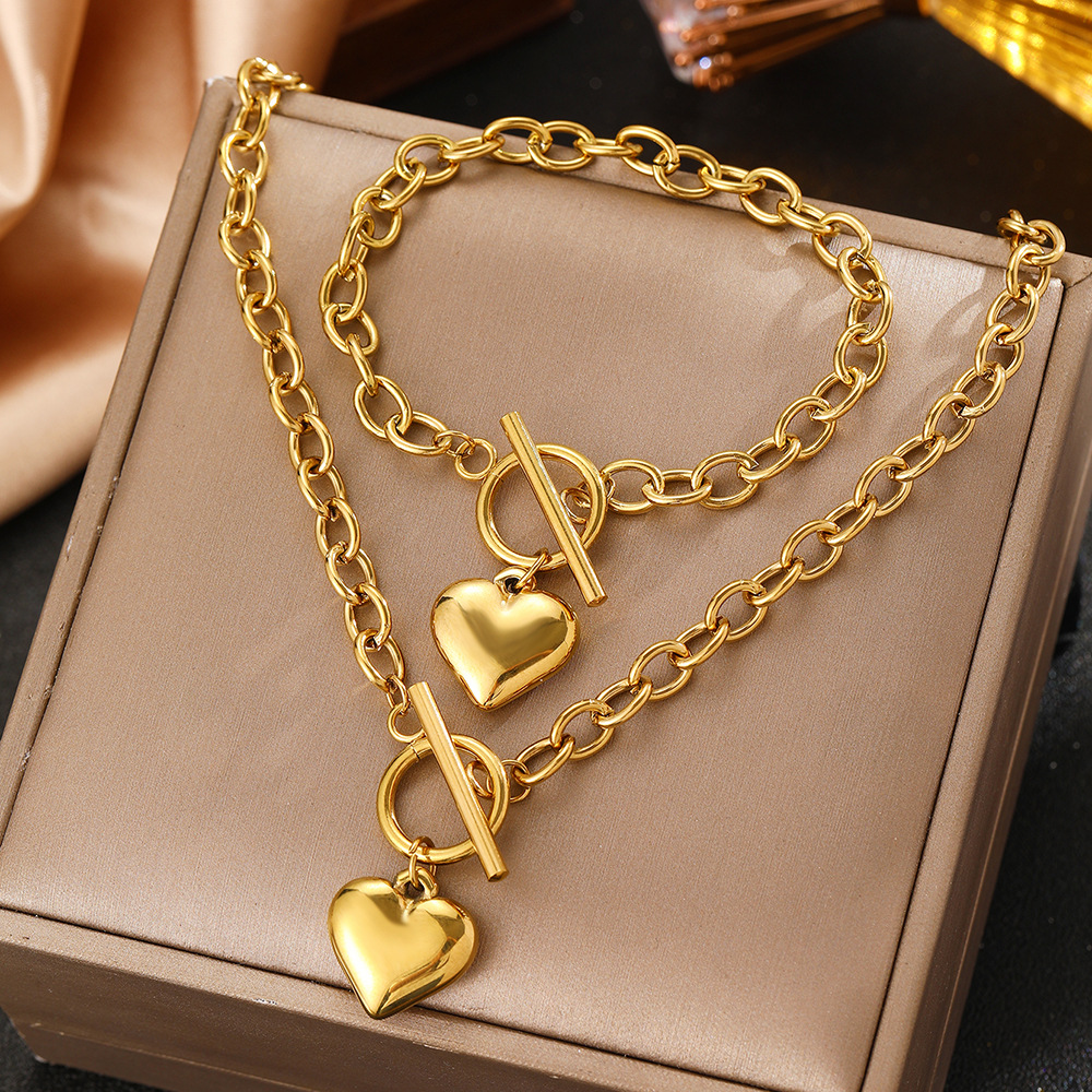 TEMU 2pcs Stainless Steel Ot Clasp Heart Necklace & Bracelet Matching Jewelry Set - Elegant Suitable For Parties, Travel, Valentine's Gifts,