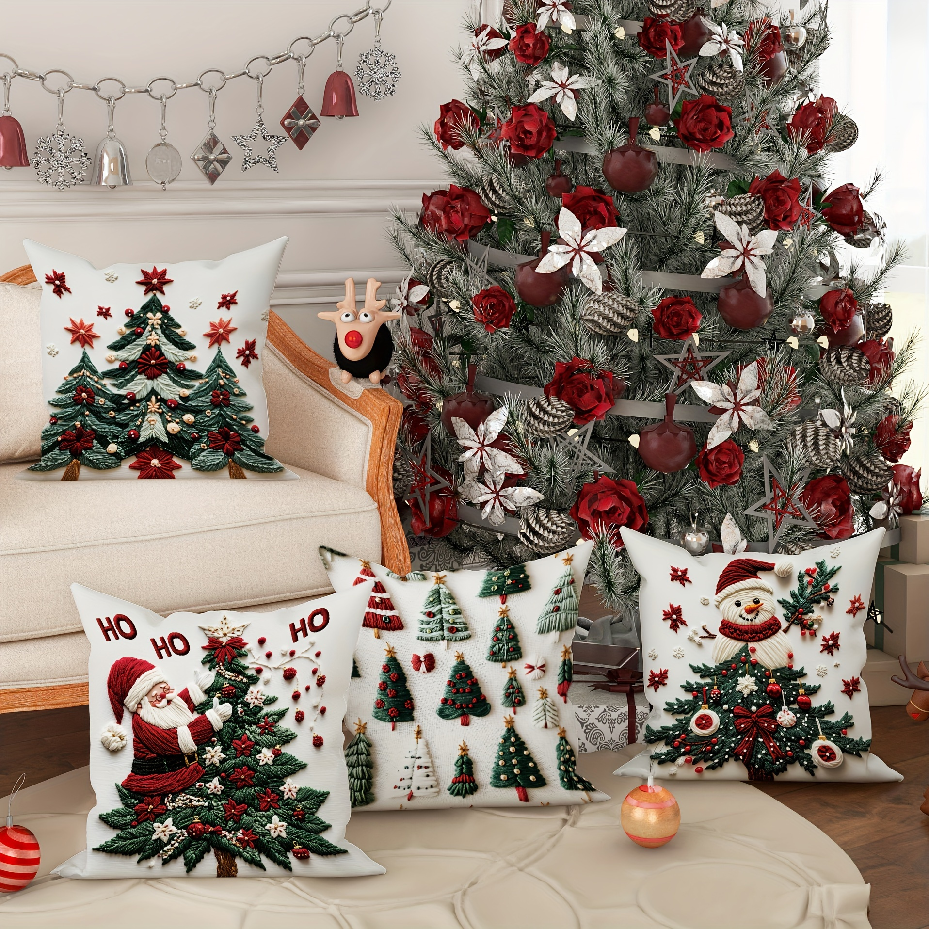 

4pcs Set Christmas - , Snowman & In Red & , & , 18x18 - For & Bedroom Decor (inserts Not Included)