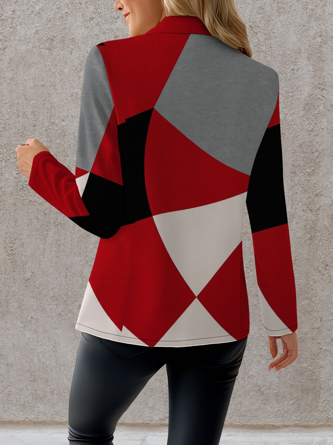 Women's Elegant Red/Black/White/Gray Geometric Houndstooth-like Blazer Jacket & Matching Suit - X-Line Tailored Collar, Single-Button Closure, Machine Washable Winter Coat for, Office, or Formal Events