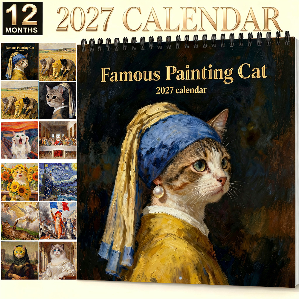 TEMU 1pc 1pcs Famous Painting Cat Wall Calendar 2027 - Oil Painting Style Monthly Planner With English Dates Suitable For Home Office Decor, Hanging