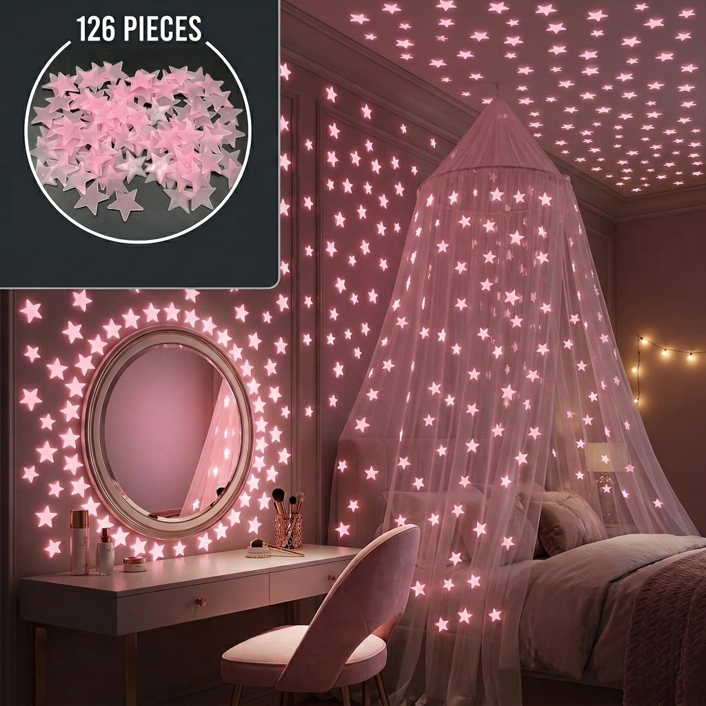 TEMU Aproximadamente 126 pegatinas de estrellas rosas que en , calcomanías luminosas para pared y techo para esquina de espejo de tocador, decoración