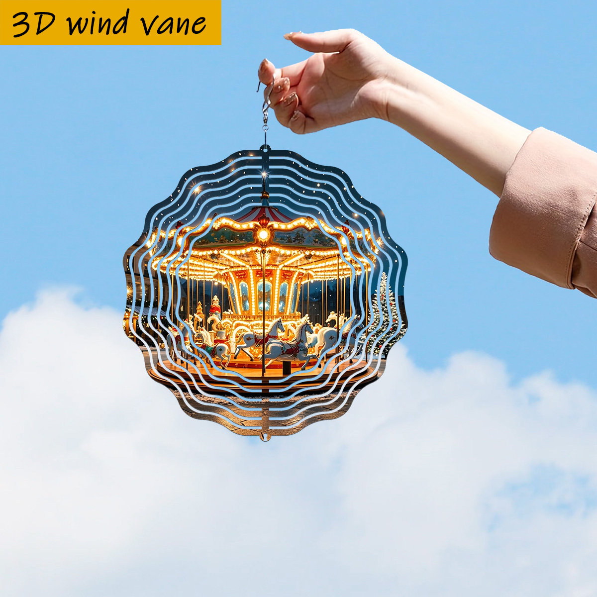 TEMU 3d 1pc, Carousel Warm Night, "25.5cm/10in X 25.5cm/10in With Rotating Hook, Windmill" Windmill, Wind Spinning, , Suitable For Christmas,