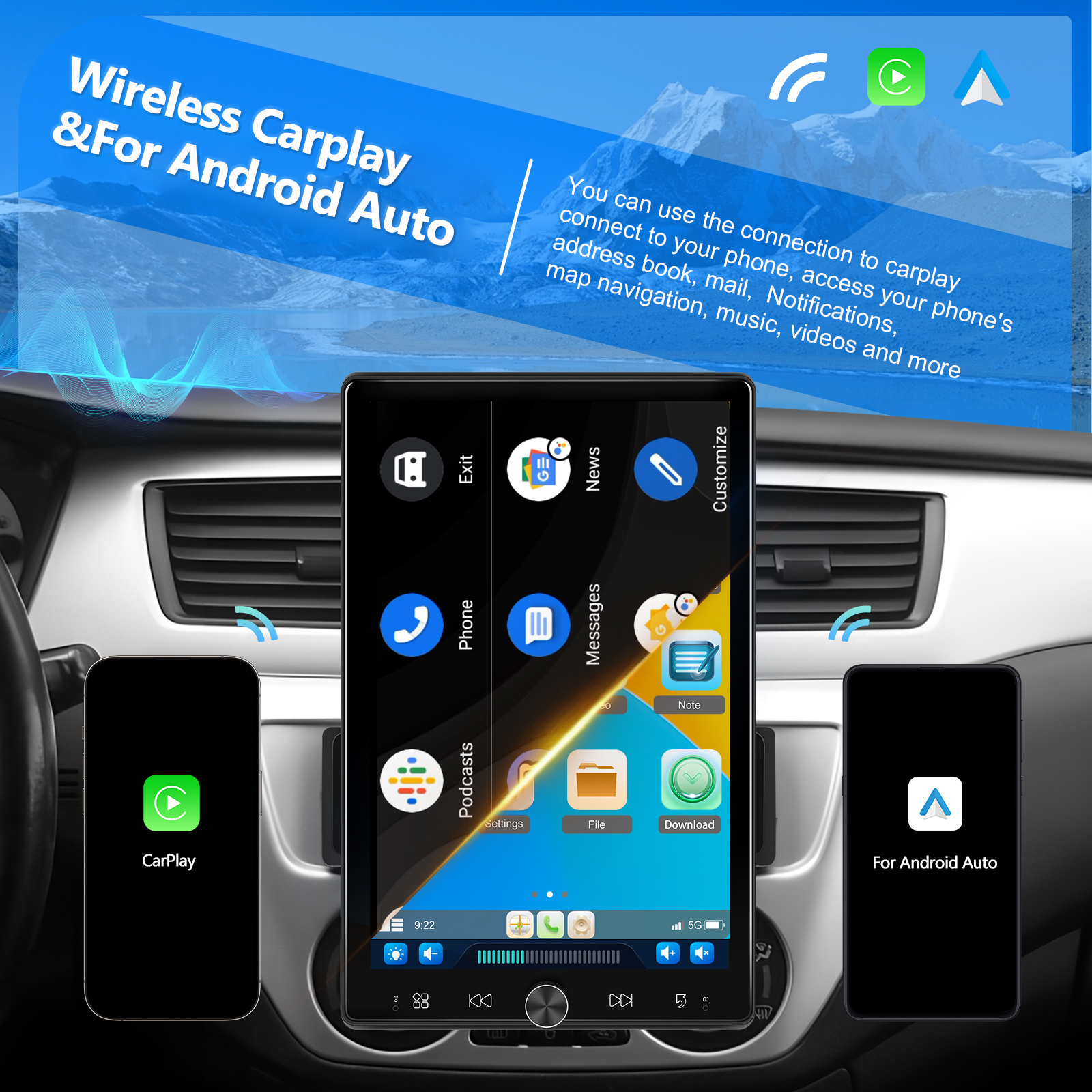 PODOFO Single Din Car Radio with Wireless Carplay Android Auto, 10.4 Inch Vertical Touch Screen Car Stereo with Mirror Link, FM/ RDS Radio, Car Radio Audio Receivers with Steering Wheel Control EQ AUX/ USB+Mic, Incar Entertainment, Driving Multimedia, Modern Car Tech, Sleek Car Display, Advanced Connectivity, Highresolution Screen, Carplay Compatible, Techsavvy Drivers, Road Trip Lovers