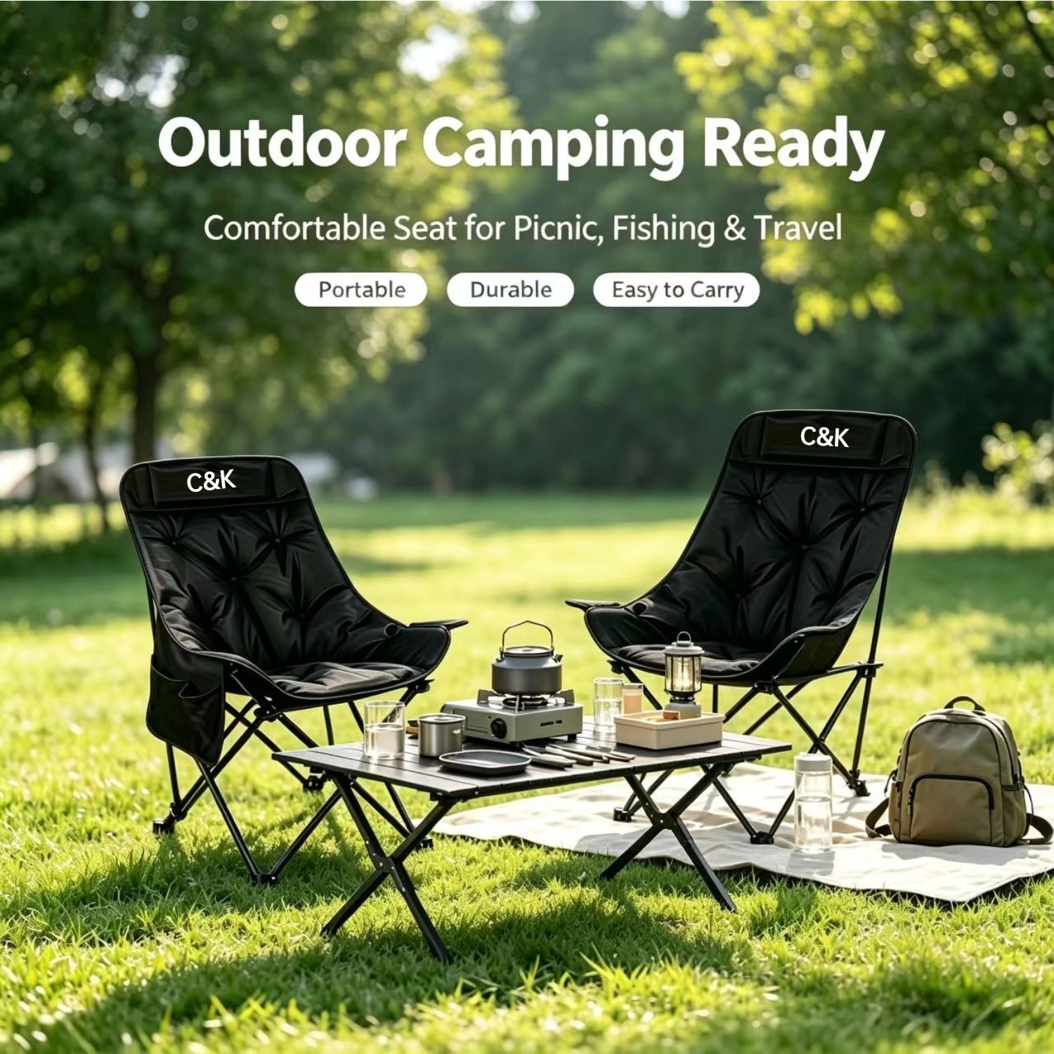 TEMU High Back Padded Moon Camping Chair, Foldable Portable With Mini Side Storage Pocket, Stable Metal Support Fold Up Chair For Picnic, Fishing,