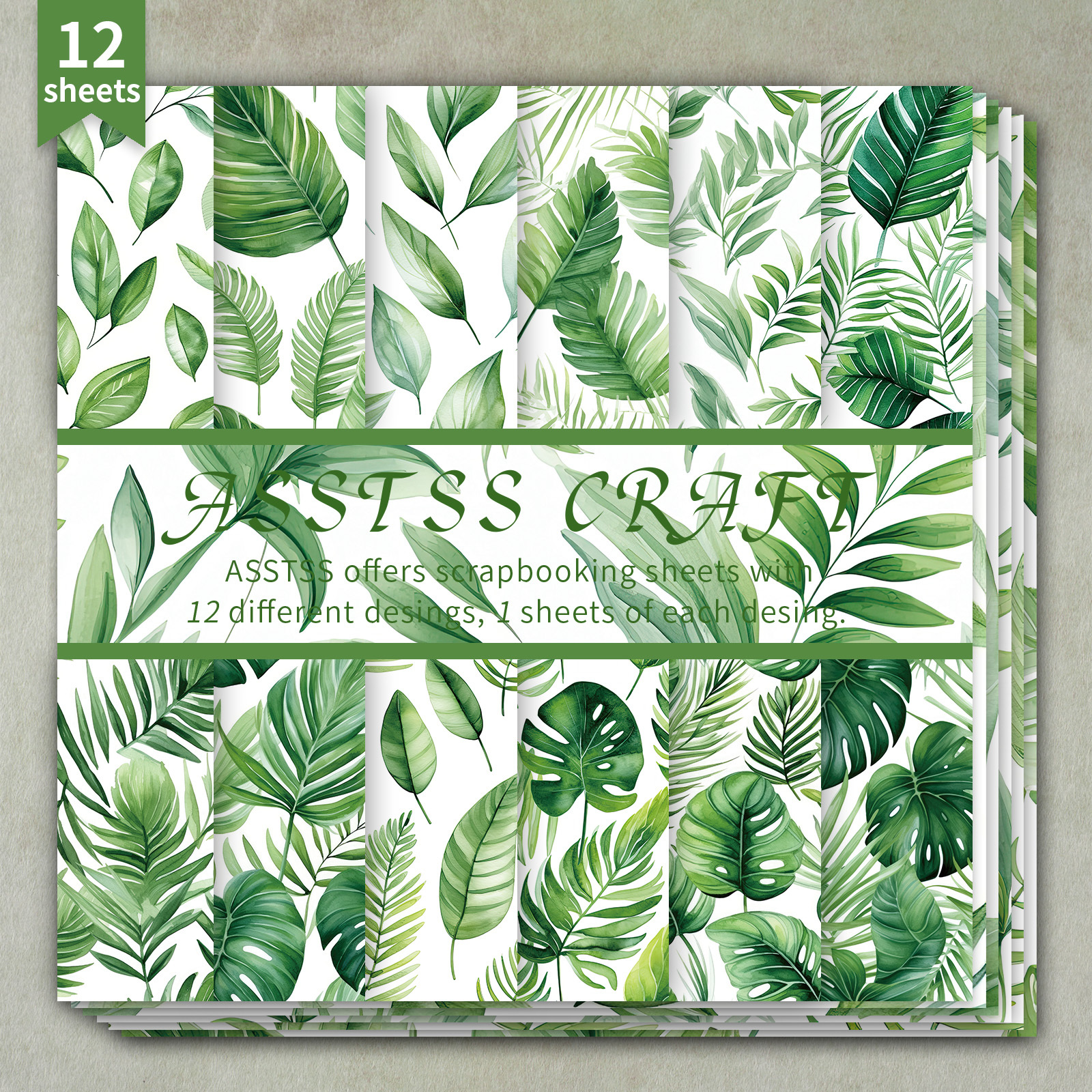 TEMU 12-sheet Asstss 6*6inch Scrapbooking Paper Pad, Fresh Tropical Greenery Watercolor Monstera , Palmstyle Backing Paper Supplies, Heavyweight