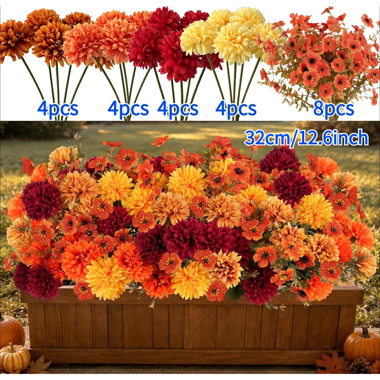TEMU 24pcs Set Of Outdoor Uv-resistant Artificial Chrysanthemums, Multi-colored Outdoor Flower Box Decor, Autumn , Perfect For Harvest Festivals And
