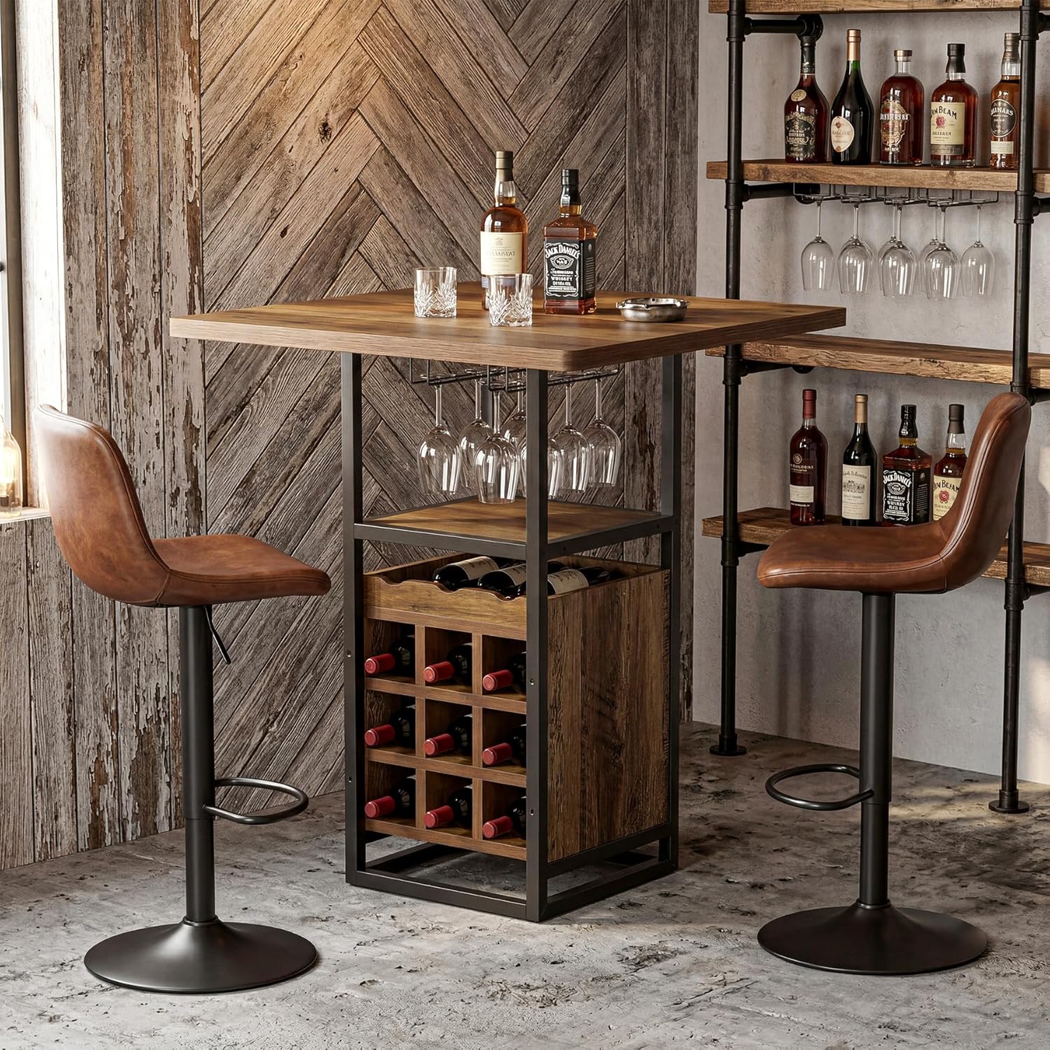 95cm Table With Storage Space - Wooden Standing Table With Integrated Glass Holders, Wine Racks & Shelves, Stable Metal Base, Versatile Use For Kitchen, Living Room & Dining Room