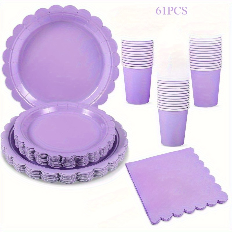Image of 61pcs, Lavender Purple Party Supplies Tableware Set, Including Purple Paper Plates, Paper Cups And Napkins, Suitable For Anniversary, Wedding, Birthday, Bridal Shower, Party Supplies Decoration