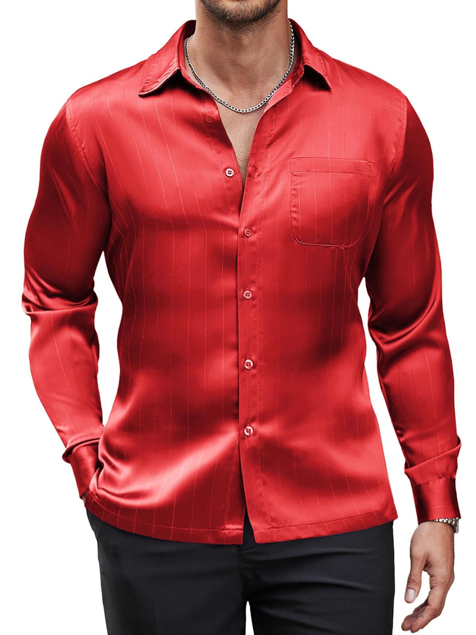 *'s Luxury Red Satin Dress Shirt Long Sleeve, Button-Up with Chest  Pocket, Ideal for Weddings and Formal Events