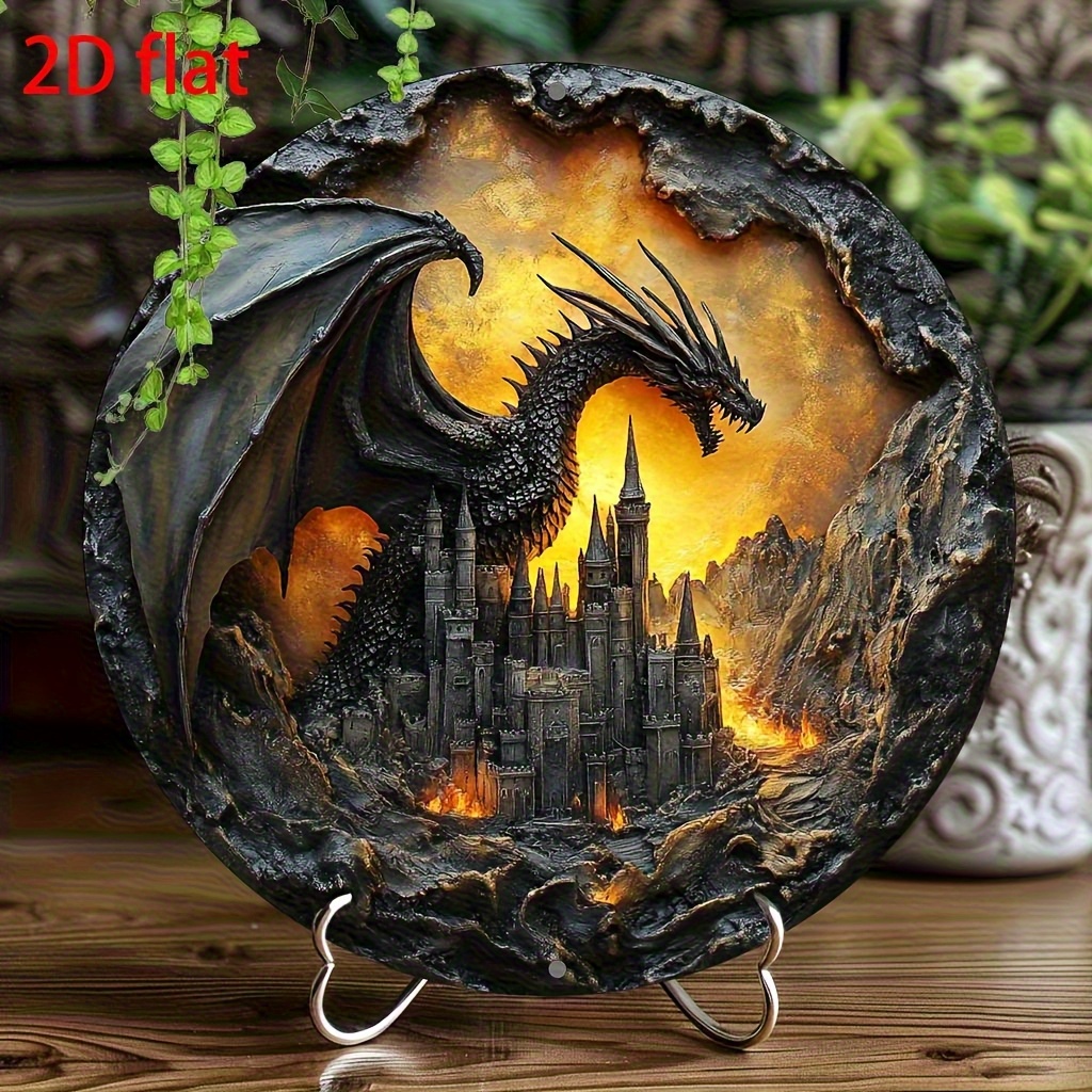 TEMU 2d Flat Retro Dragon And Castle 8x8" Round Aluminum Wall Art Sign- Fantasy Theme Decoration, Featuring Dramatic , , And Ruins Design, Suitable