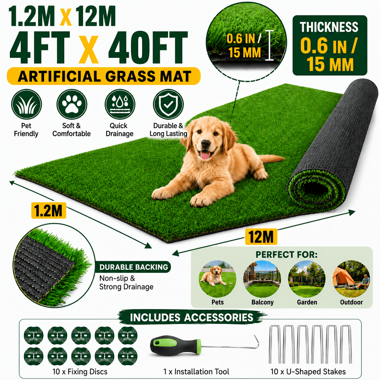 Image of 1.2x12m (4x40ft) Artificial Grass Turf Mat, 160 Sq Ft , 0.6 (15mm) Pile Height, Rubber Backed, Wear-resistant, Cuttable, Pet-friendly For Patio, Balcony And Dogs