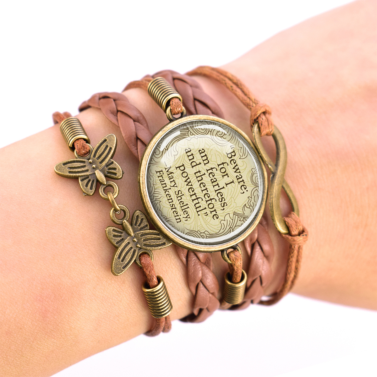 Adjustable Vintage Brown Bracelet with Dome Glass Inlay
