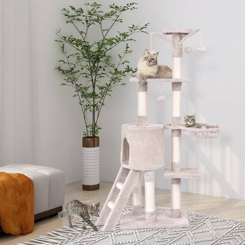 tall multi level cat tree tower with perches scratching posts climbing activity center suitable for indoor kittens and cats beige cat furniture for spaces modern kitten tower for climbing and resting