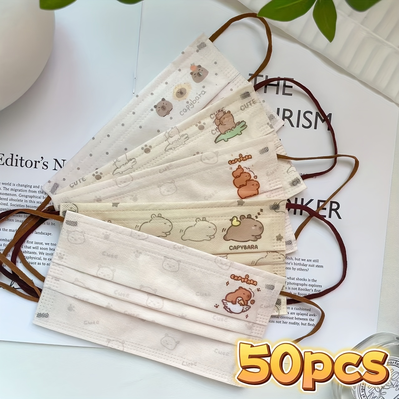 TEMU 50pcs Cartoon Disposable Masks, Fashionable Masks, Printed Masks, 5 Mixed Styles, Elastic Ear Loop Masks, Lightweight, Comfortable, Breathable,