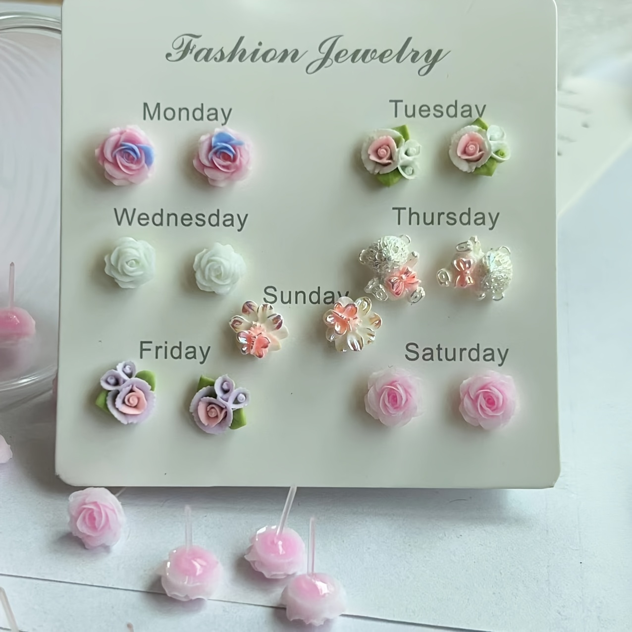 1/7 Pairs Of Cute Floral Resin Earrings For Women, Mini Earring Set For Women, Plastic Earrings, Bear And Flower Elements, Seasonal Fashion Jewelry Gift Set, Quirky Earrings