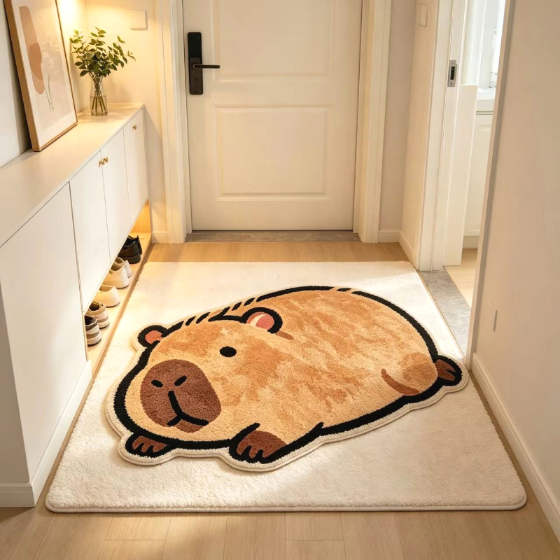 TEMU Imitation Cashmere 900g 9mm 2d Hd Painting Rug, Brown Cute Capybara Living Room Sofa Carpet, French-styleins Style Bedroom Decorative Bedside