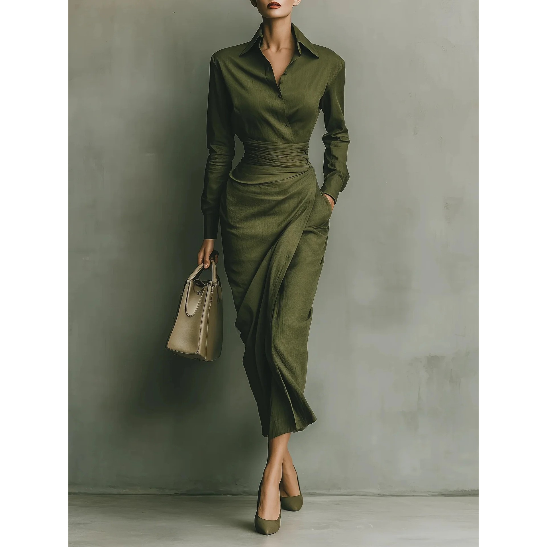 TEMU Elegant Waist-cinching Asymmetric Long-sleeve Shirt Dress - Solid Color Edges, Office To Attire, Fall Winter Pantsuit (non, Hand Wash/)
