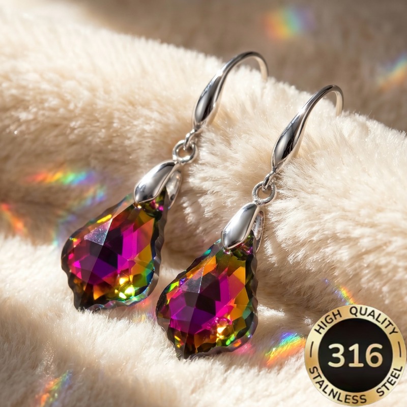 TEMU 1 Pair Of High-quality Steel Hypoallergenic Light Luxury Gradient Leaf-shaped Teardrop Earrings With Synthetic Synthetic Zirconia Design,