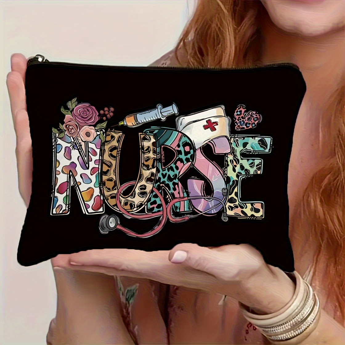 TEMU Nurse Makeup Bag - -themed Design With Leopard Print & Floral Accents, Durable Polyester Lightweight Cosmetic Organizer For Work Or Travel,