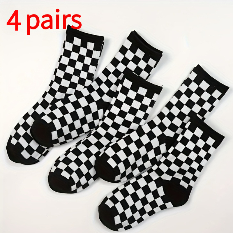 TEMU 4/8 Pairs Fashionable Black And White Checkered Mid-calf Socks, Soft And Comfortable, Versatile For Everyday Use As A Fashion Accessory