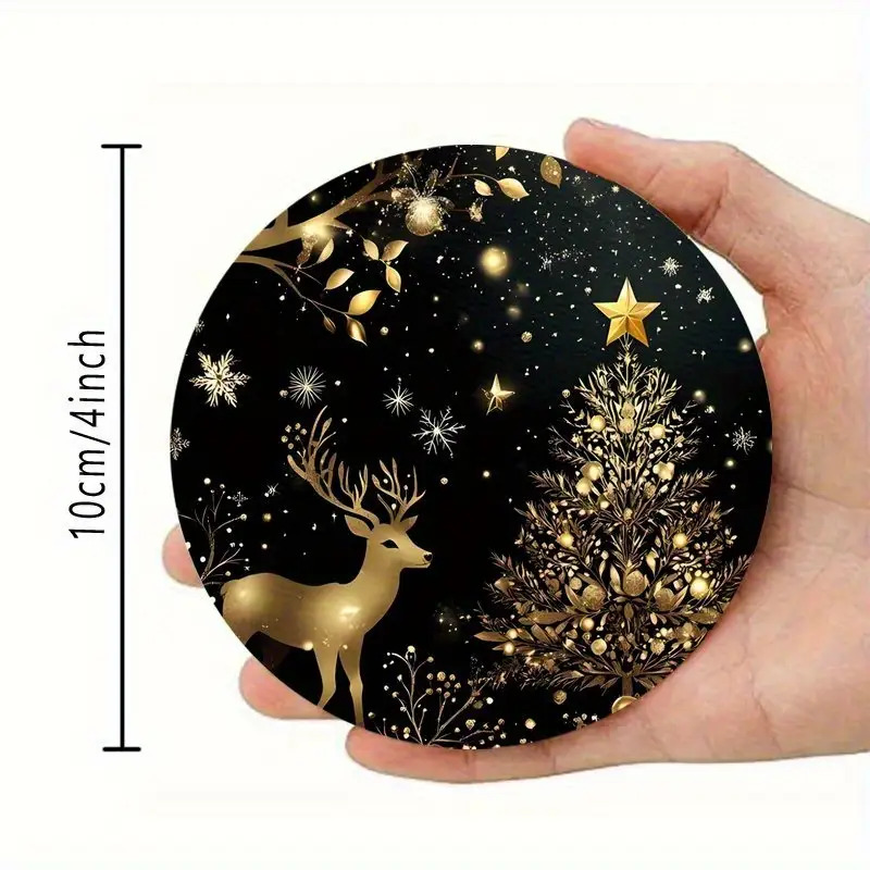 Image of An Elegant Set Of Wooden Coasters Featuring A Golden Christmas , With Snowflakes And Pine Cones, Perfect For Tea, Coffee, Or Hot Chocolate. An Ideal Gift For , Perfect For The