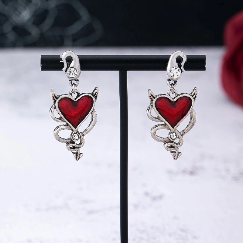 TEMU 2pcs Boucles d'oreilles Punk Haut de Gamme Gothiques Cœur Rouge Design Niche Cornes de Boucles d'oreilles Adaptées aux Fêtes et Cadeaux