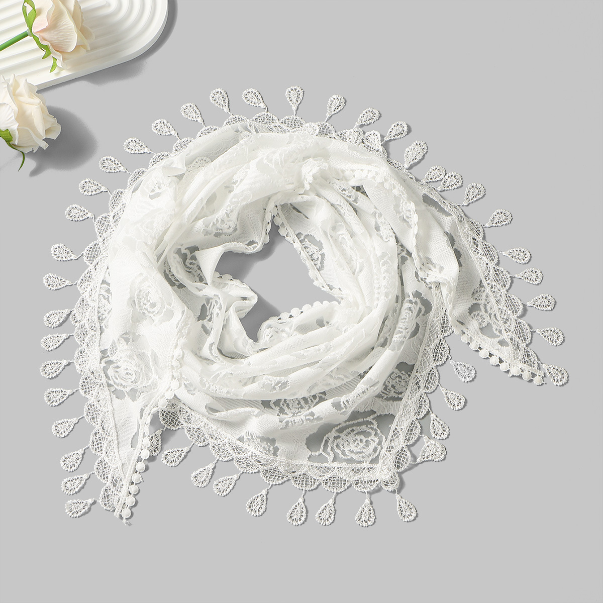 New Women's Rose Vintage Lace Embroidered Triangle Scarf, Comfortable Shawl