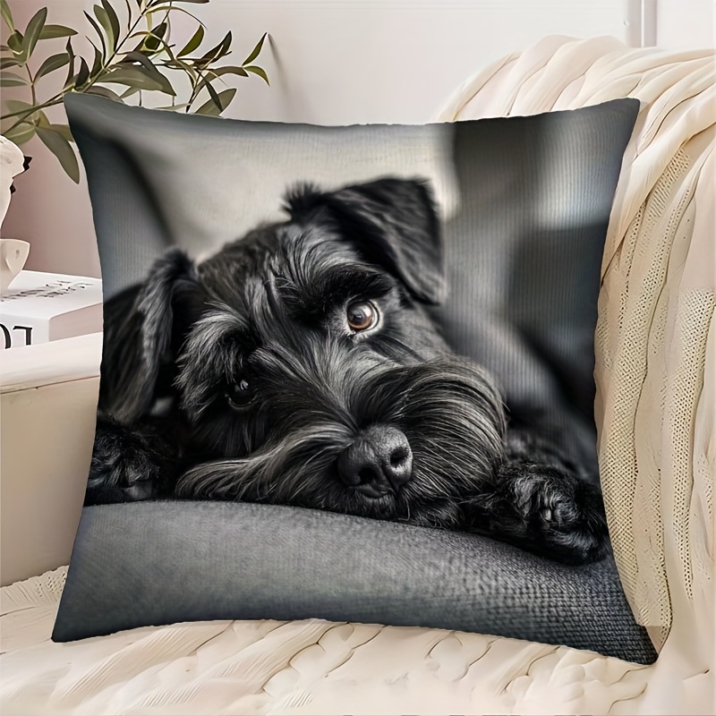 TEMU 1pc Black Schnauzer Dog Cushion Cover - Realistic Schnauzer Puppy Or German Shorthaired Nameplate-style Pillow Case, Machine Washable Zippered