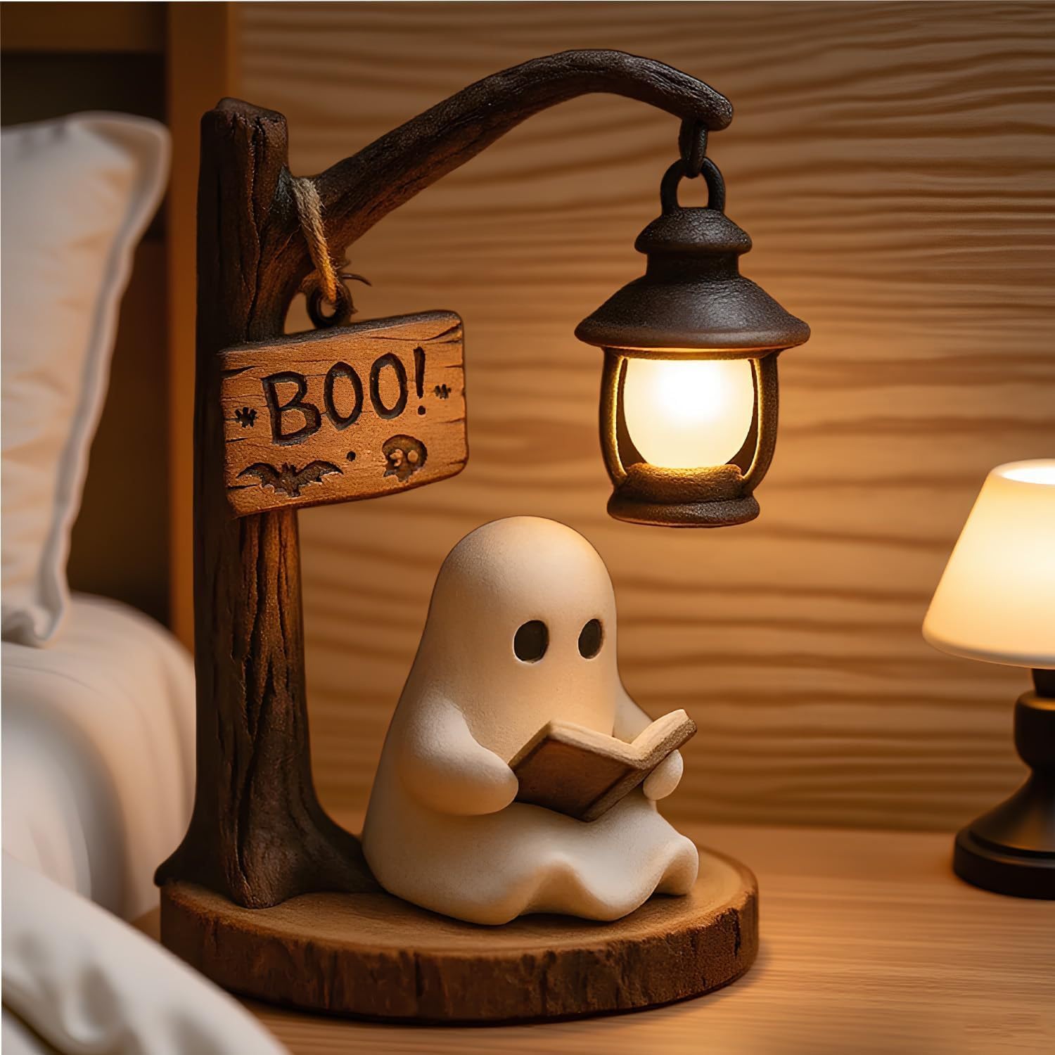 TEMU Cute Figurine Statue With Book Lamp - Night Light Suitable For Halloween Decor, Resin Sculpture Tabletop Centerpiece, Low-voltage Reading Light