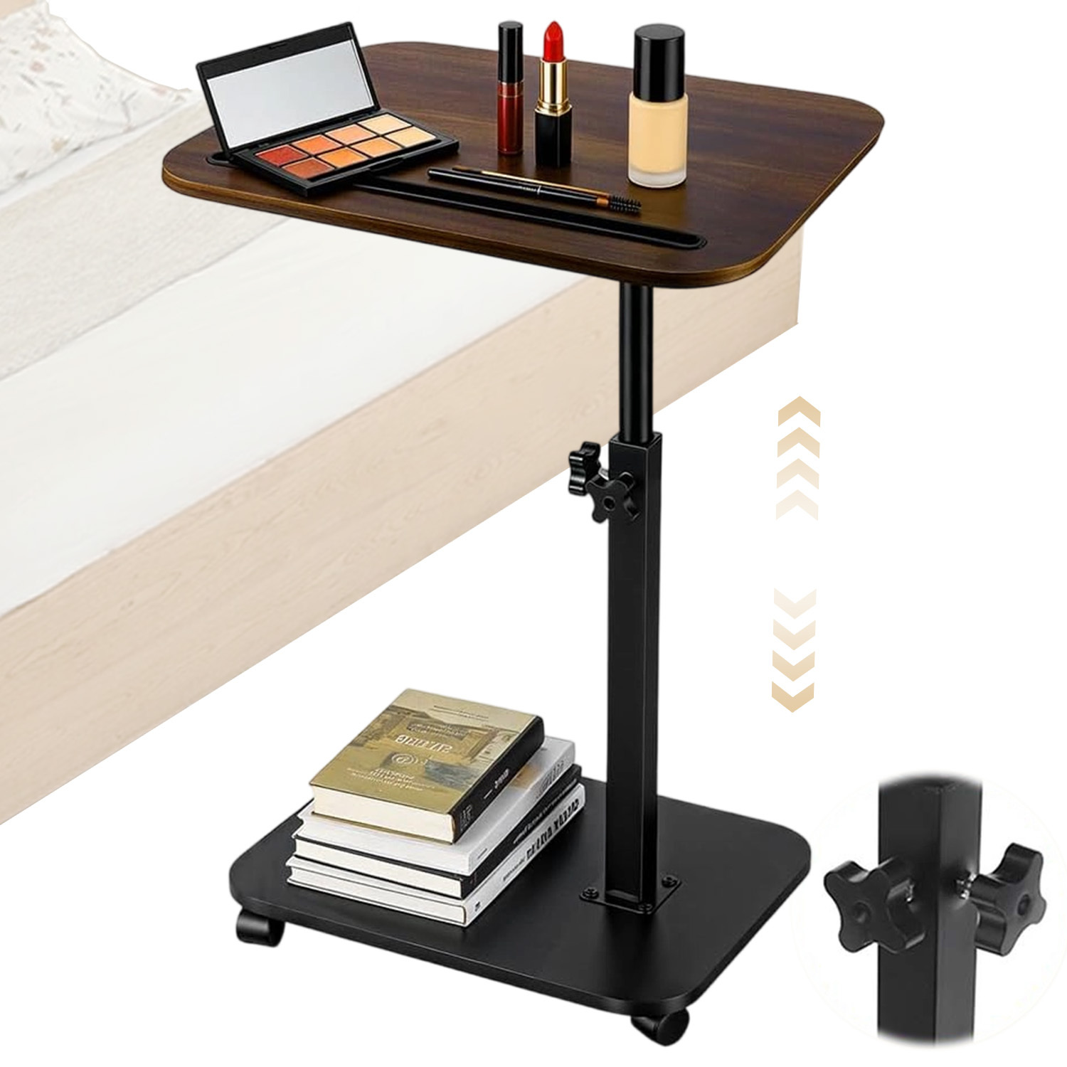 Height Adjustable Rotatable Side Table, Solid Stable Frame, Multi-scene Utility As Bedside Cabinet, Sofa End Table & Writing Desk