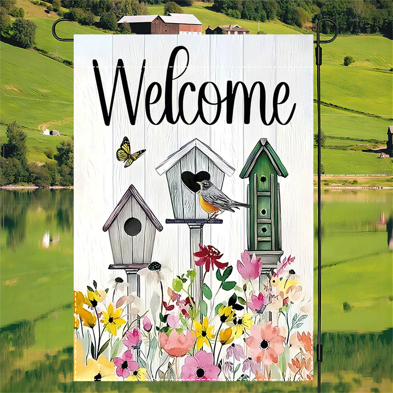 

1pc Spring Flag, Double-sided Polyester Burlap Outdoor Decor, 12x18inch, Waterproof Lawn & Patio Banner With Birdhouse And