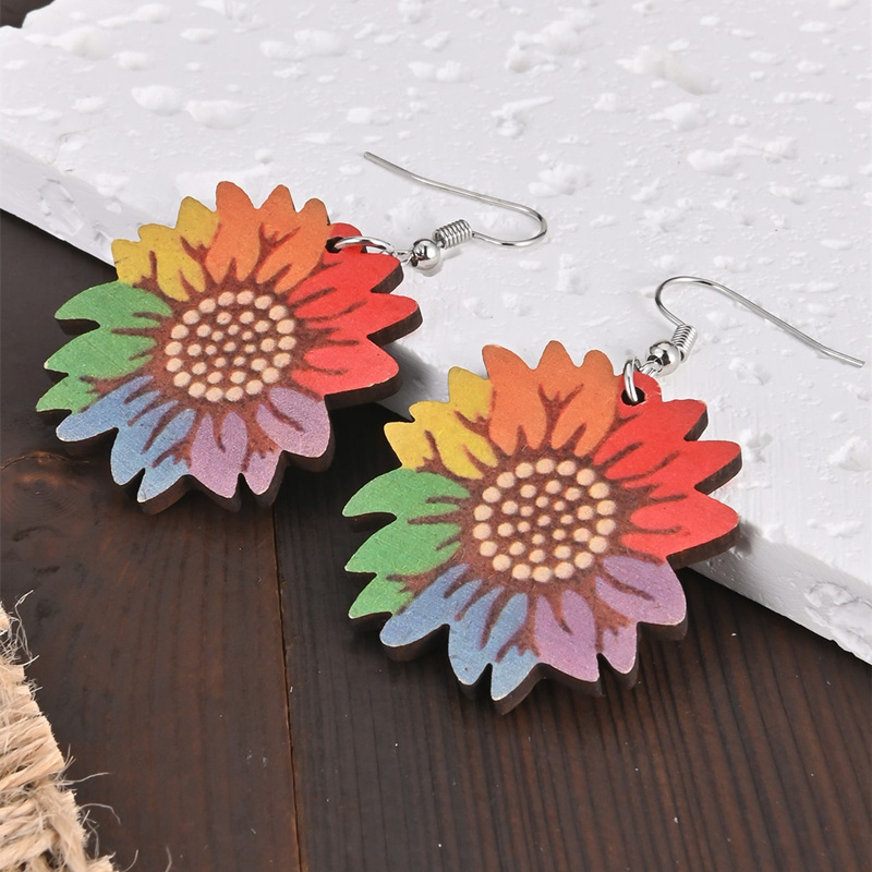 Women's Colorful Sunflower Wooden Dangle Earrings