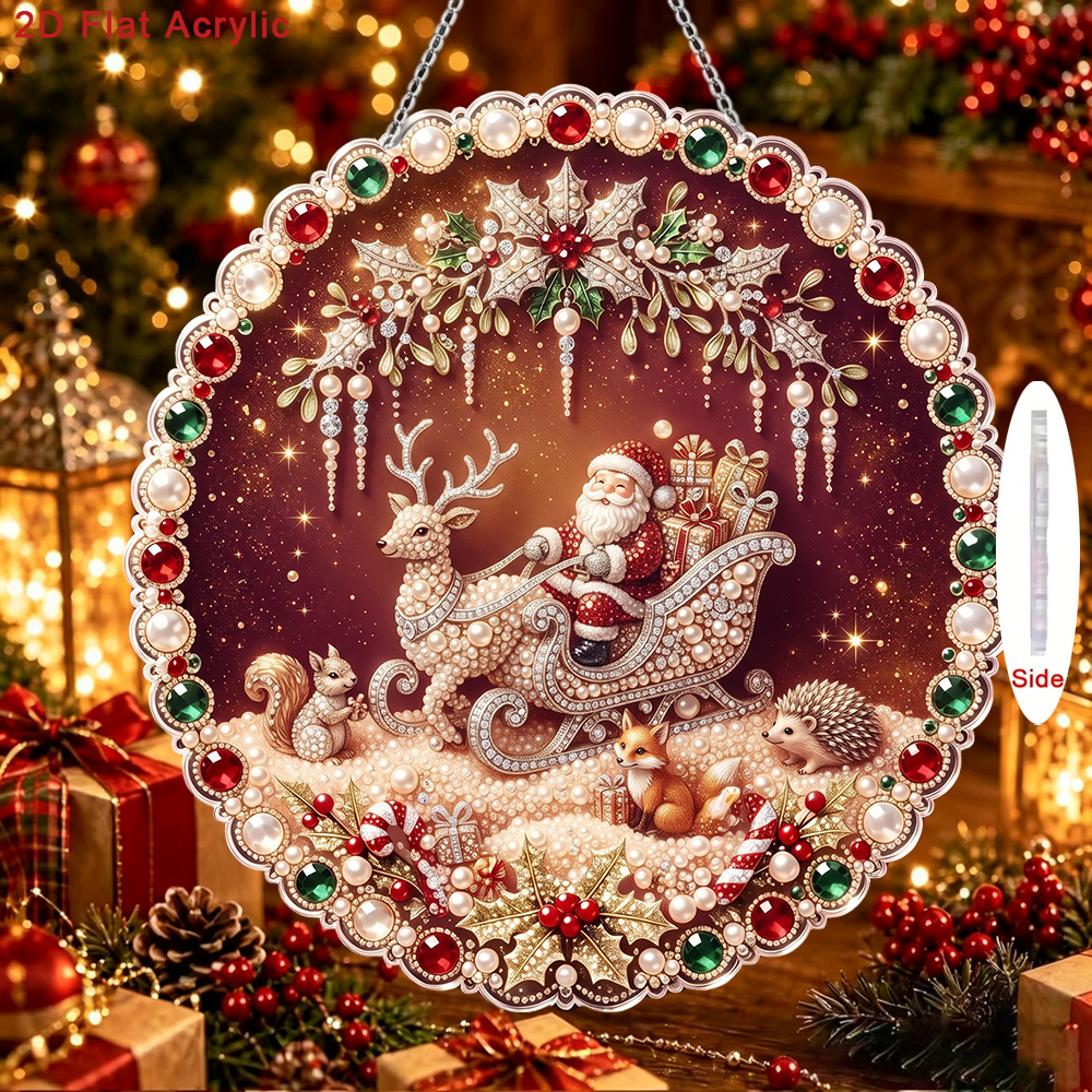 TEMU 2d Flat - 2d/flat Printing New Wavy Round Acrylic Pearl Drill Pendant Kit Featuring Santa Claus And Reindeer Sleigh And Forest Design, Includes
