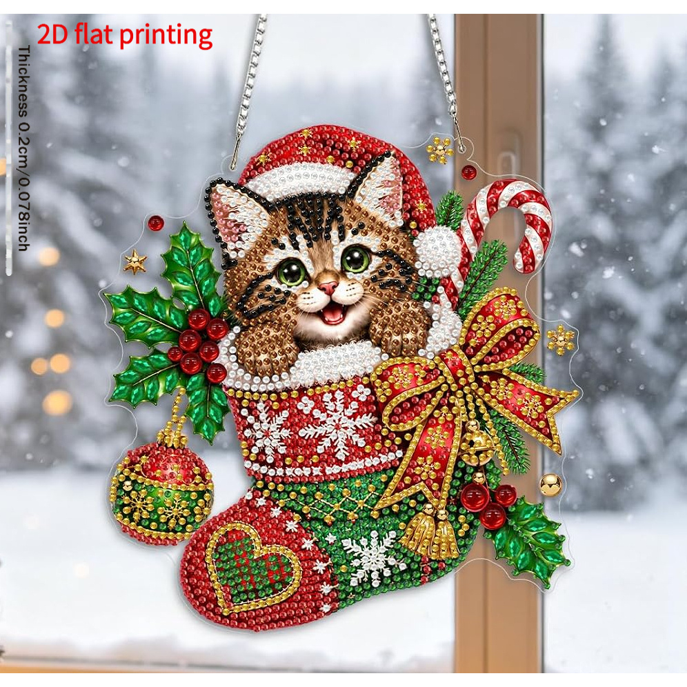 TEMU 2d Flat Printing, Christmas Cat Style Hanging Diamond Painting Kit, Special-shaped Diamond Painting Hanging Ornament, Suitable For Courtyard,