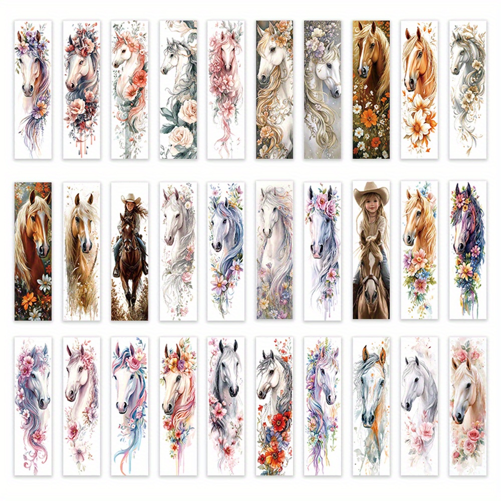 E-shop 32 Stk. TLENPO Wasserfarben Pferde-Lesezeichen - Mädchen & Pferd Serie, 16 Einzigartige Künstlerische Designs, Hochwertiges Papier, Elegante
