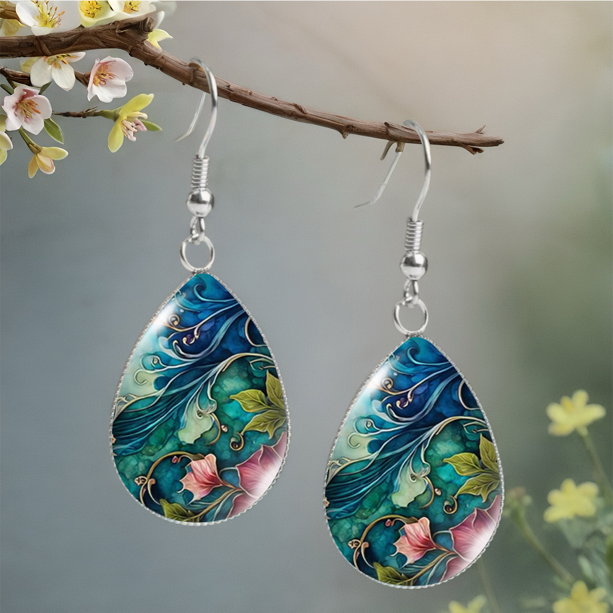 TEMU 1 Paire de Boucles d'Oreilles Pendantes de Aquarelle Verte - Boucles d'Oreilles Florales pour Tenue Quotidienne, Fêtes, Cadeau, Polyvalentes à