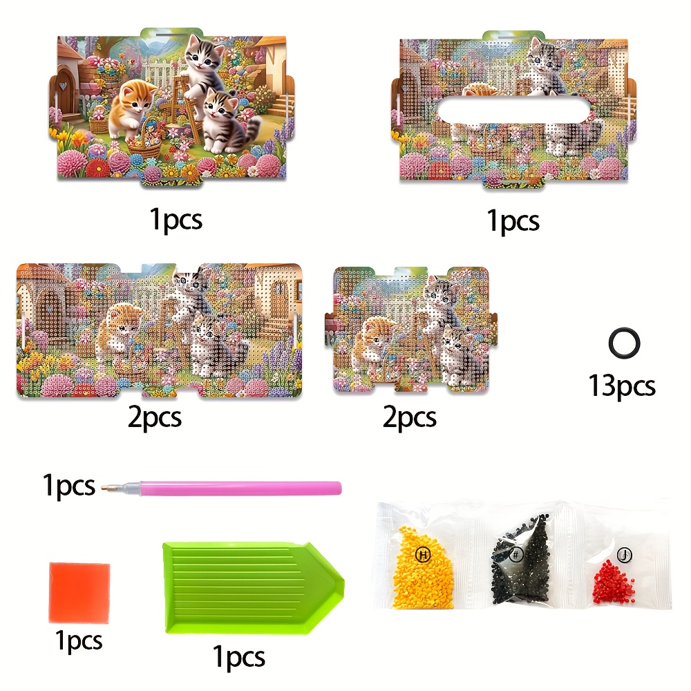 TEMU 1 Handcrafted Wooden Diamond Painting Tissue Box, Reusable Mixed-color Kitten Wooden Storage Box, , Artistic Handmade Craft Accessory For Home