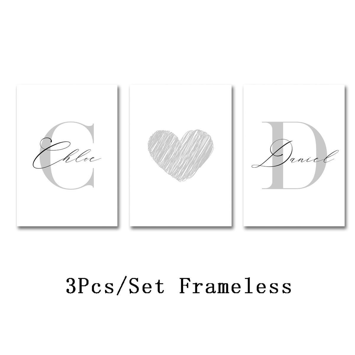 TEMU 2d Flat, 2d Flat, [2d Flat] Unframed 3pcs/set Customized Couple Names, Heart-shaped Printed Posters With Lines, Personalized Name/initials
