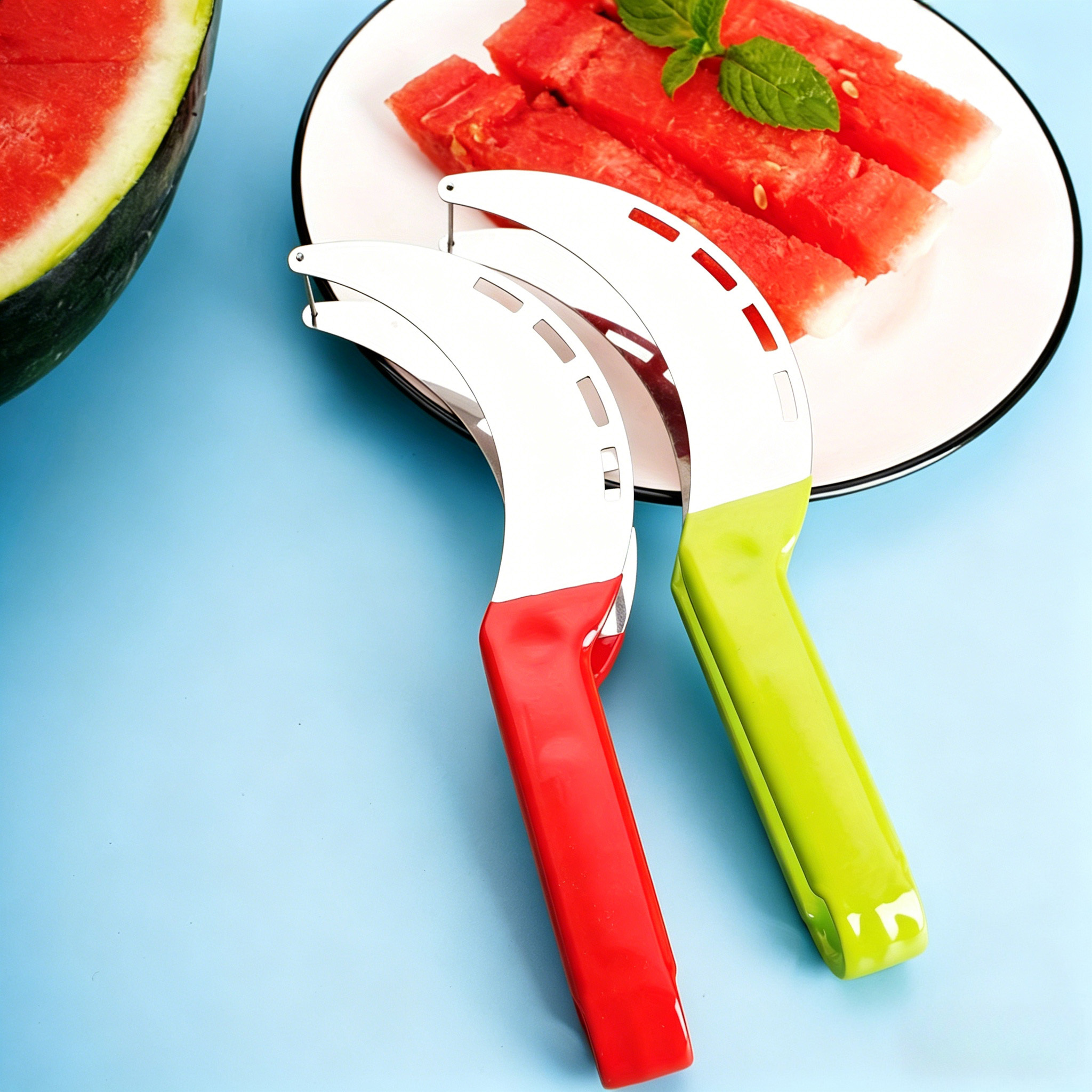 Image of 2pcs Stainless Steel Watermelon Slicer, Multi-functional Watermelon Cutter, Fruit Chopper, Effortlessly Cuts Large Fruits And Vegetables Without Juice Leakage, Ideal For Parties Use