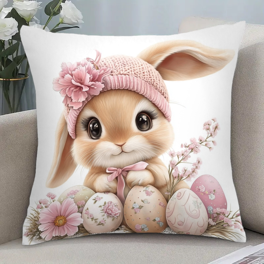 

1pc Vintage Style Rabbit Cushion Cover, Polyester Square Throw Pillowcase With Zipper, Hand Washable, Decorative Short Plush Pillowcase For Home Sofa And Bed, Easter