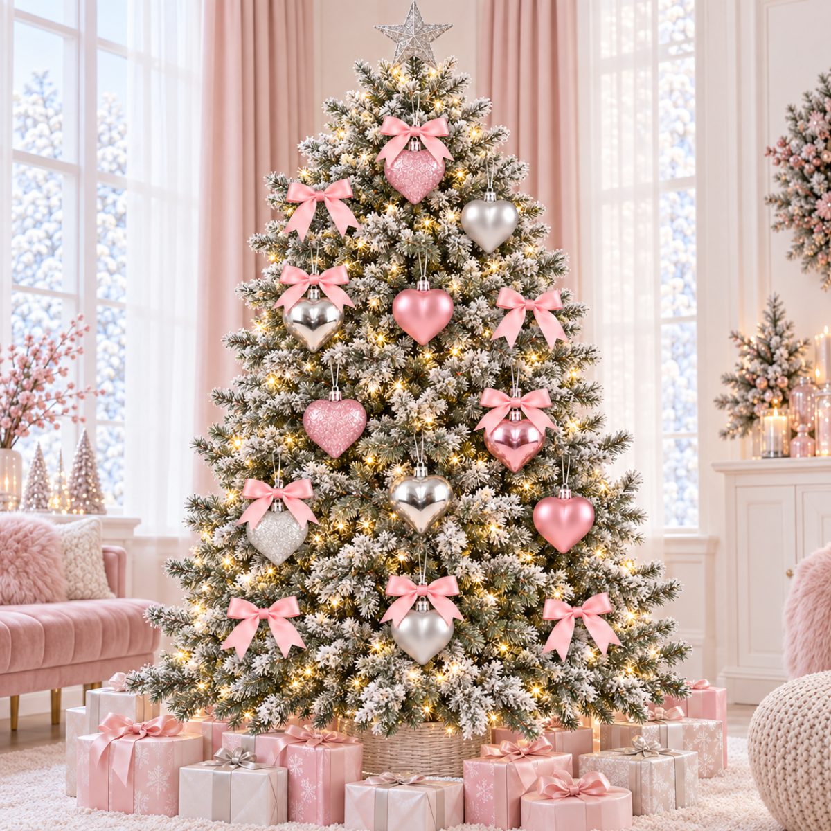 TEMU Ensemble de 22 décorations décoratives de boule et de cœur pour sapin de Noël rose avec nœuds en ruban de satin, cœurs roses et argentés en
