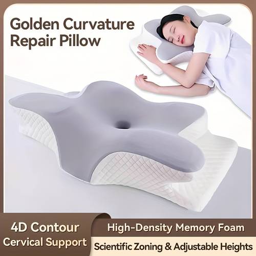shaped memory foam pillow ergonomically designed with a slow rebound profile to the neck promoting relaxation and suitable for back and side sleepers