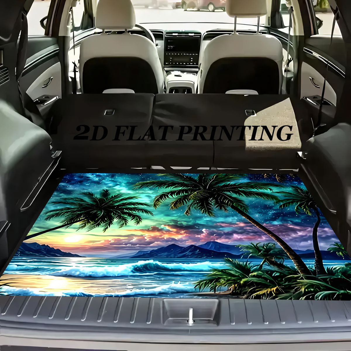 TEMU 1pc Universal Car Trunk Mat Tropical Beach Scene With Palm Trees And Durable Anti-slip Floor Protection For Car Enthusiasts Daily Keep Your