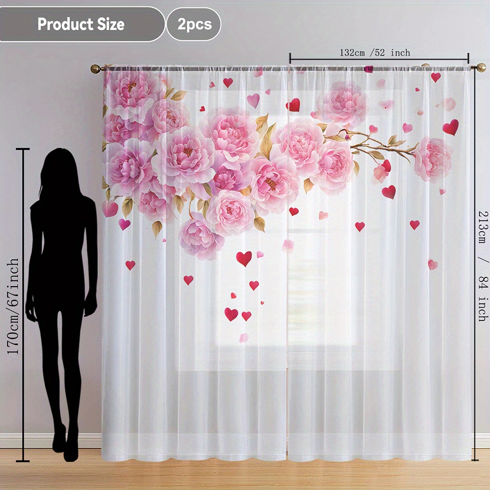 TEMU 2pcs Home Decoration Curtain White Valentine's Day Pink Floating Window Curtain Suitable For Kitchen, Coffee Shop, Living Room, Dining Room,