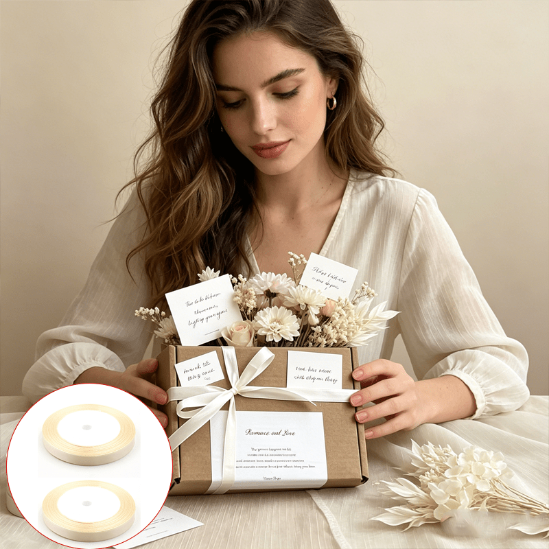 Image of 2 Rolls Of 44 Meters Of Cream Yellow Satin Ribbon For Gift Wrapping, High-quality Cord For Hair Braiding